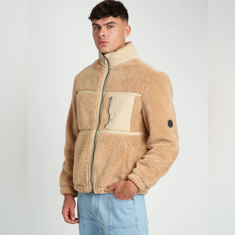 Native Youth Sherpa Fleece Jacket Tan Teddy Zip Up Coat Men’s Large